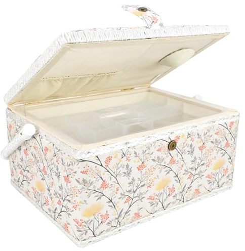 Large Vintage Sewing Box No Accessories, Elegant Sewing Basket with Removable Tray Padded Exterior, Sewing Box for Sewing Supplies Storage