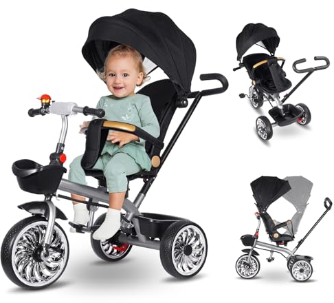 Vinteky Dreirad 6in1 Kinderdreirad mit Schubstange Lenksystem, drehbarer Komfortsitz, Kinder Dreirad mit Elterngriff, Sonnendach, Gummiräder, Jogger vorwärts und Rückwärtsfahrt, Buggy Fahrrad