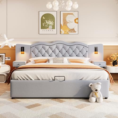 KecDuey Polsterbett 180 x 200c, Doppelbett,Flaches Bett, gepolstertes Bett, integriertes Kopfteil, hydraulischer Hebemechanismus, USB-Anschluss, Zwei Nachttischlampen, großer Stauraum (Grau)