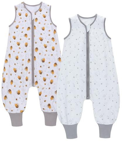 Miracle Baby 2pcs Confezione da 2 sacchi nanna estivo con piedi, 0,5 Tog, 100% cotone, per bambini, per ragazzi e ragazze (2, ape + stella, L/95-105 cm)
