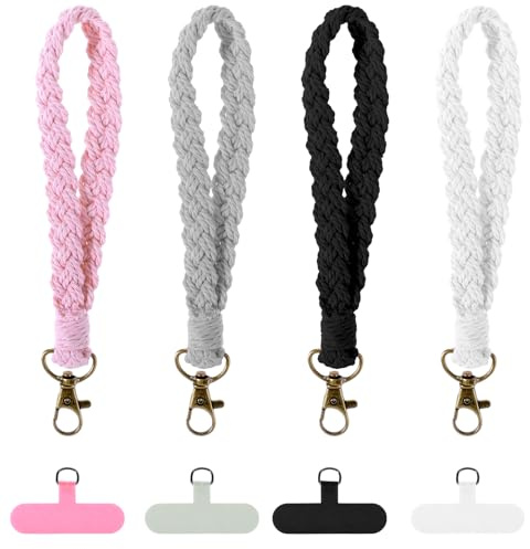 Psyqtsuary Lot de 4 bracelets de téléphone anti-perte en macramé de style bohème avec languette d'attache, porte-clés en macramé, bracelet à breloques pour smartphone, chaîne de téléphone anti-perte