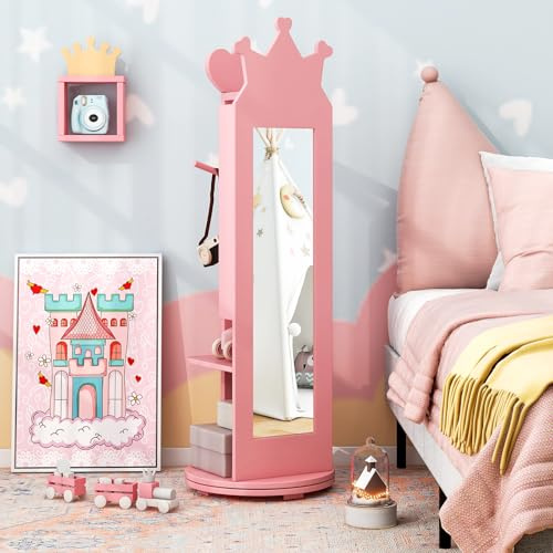 RELAX4LIFE 4 in 1 Armadietto Portagioie per Bambini, Specchio da Terra con Base Girevole a 360° e Appendiabiti, Ideale per Cameretta, 36 x 36 x 112 cm (Rosa)
