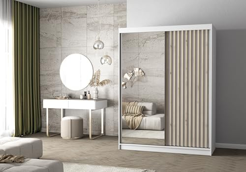 Easy4You Lami III Weiss Schiebetürenschrank Kleiderschrank 150x200x61 cm mit Spiegel - Schlafzimmermöbel, Aufbewahrung – Mehrzweckschrank mit Kleiderstange und Lamellen