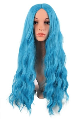 MapofBeauty 28 Pollice/70 cm Lungo Wavy Middle Part Sintetico fibra Ricci Capelli Sostituzione Party Cosplay Quotidiano Parrucche (Ciano Blu)