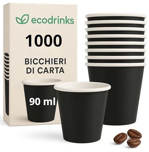 ecodrinks - 1000 Bicchieri Caffe Carta Da 90ml - Set Bicchierini Monouso per Bevande Calde/Fredde - Biodegradabili, Eco-friendly e Made in Italy, Nero
