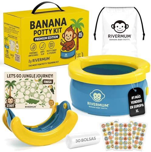 RIVERMUM® Tragbares Töpfchen für Kinder, faltbar, tragbar, Bananen-Toilette, faltbar, für Reisen im Freien oder zu Hause, inklusive 20 Taschen, Tragetasche (Premium Blau, groß)