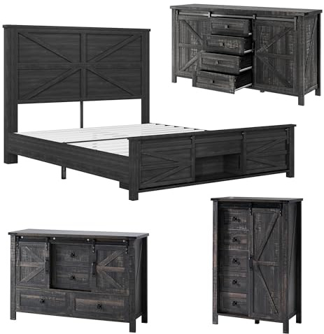 LUXOAK 4 Pieces Farmhouse Bedroom Set, Includes Full Size Bed Frame with Sliding Barn Door Storage, 5 Drawer Tall Dresser, 47 Dresser with 4 Drawers, 60 Dresser with 4 Drawers, Oak Black