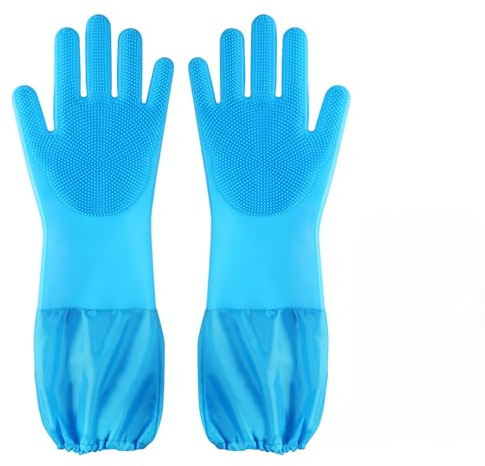 Senquoyn Hundewaschhandschuhe und Fellpflege-Handschuhe, extra lange Arme (43,9 cm) für Katze/Hund/Pferd, Massage- und Haarentfernungshandschuhe Set mit Badebürste (blau)