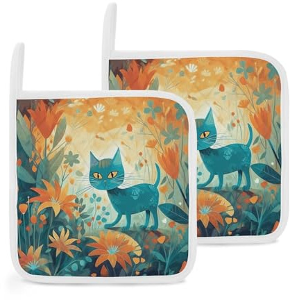 Lot de 2 maniques en forme de chat et de fleur - Résistantes à la chaleur - Épais et antidérapants - Avec boucle - Pour cuisine, pâtisserie, barbecue, four - 20,3 x 20,3 cm