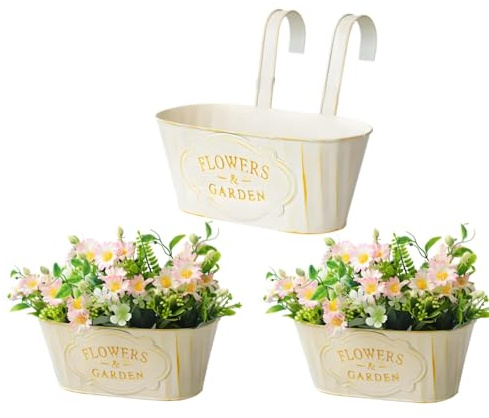 GIOTUK 3Pcs Hanging Flower Pots for Fence – Metal Railing Planter Buckets with Drainage Holes, Removable Hooks – Outdoor Balcony, Porch, Garden, Patio Decorative Plant Holder