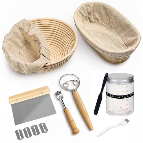 Neuytiky Kit Preparazione Pane in Casa 8 Pezzi,Set di Cestino da Lievitazione per Pane,Cestino Lievitazione Rotondo in Rattan Naturale,per Impasto di,Pizza e Pasticceria