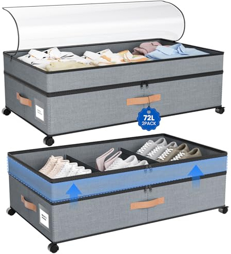 KLINTOS Under Bed Storage on Wheels – 2 Pack 72L XXL Underbed Storage Drawers, Adjustable 10in High Closet Organizers with Lid, Large Underbed Boxes for Clothes, Shoes, Blankets & Toys（Grey）