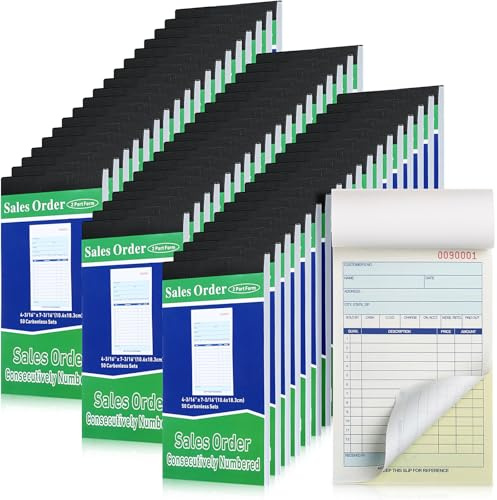 Lincia 55 blocs de libros de pedidos de venta, 2 partes autocopiativas (blanco/amarillo canario), recibo con copias de carbono, cubierta de formulario de recibo, factura, 50 juegos por libro (10,6 x