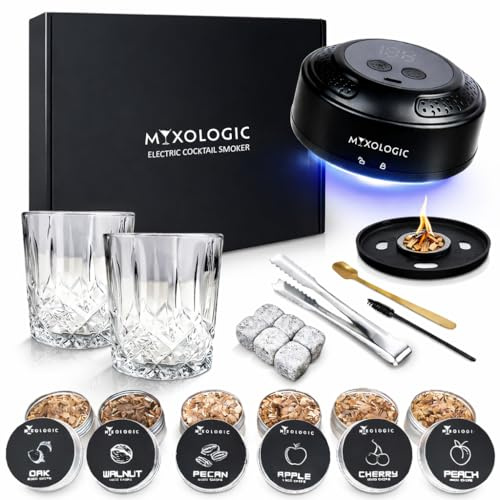 MIXOLOGIC Electric Whiskey Smoker Kit with 2 Glasses, Old Fashioned Cocktail Smoking Kit with Wood Chips & LED Light, Drink Smoker - Dad, Husband, Men Gift, Bourbon & Whisky Lovers