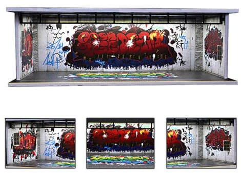 NUEIOVRW 1/64 Diorama Car Garage Model, LED Lighting Parking Lot Scene Display Case, Stadt Graffiti Diecast Model Cars Scene Display Storage (Graffiti Garage)