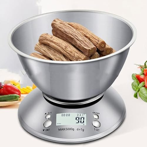 OZBMA Bilancia da Cucina Digitale con Ciotola, 5 kg/1 g in Acciaio Inossidabile per la Cottura e sensore di Temperatura, Bilancia per Alimenti secchi e bagnati con Ampio Display