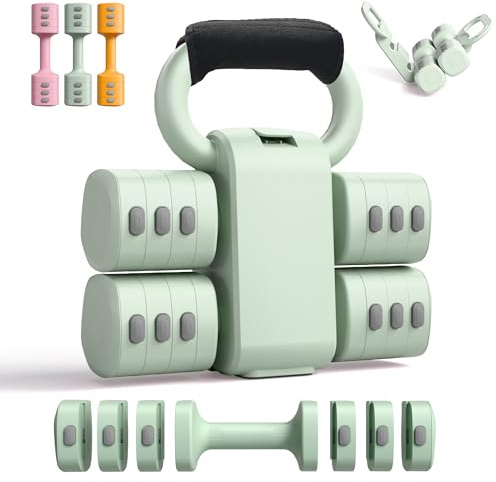 2-i-1 justerbara hantlar och kettlebell-set, 4 nivåer vikt snabbväxling (2,2 3,3 4,4 2,5 kg), för kvinnor hemmagym träningsträning, med gratis halkfritt kardborreband, grön.