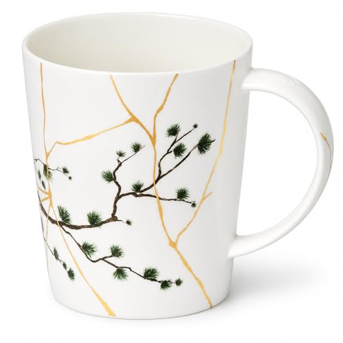 Teemando Becher Cupti Akashi Fine Bone China mit Goldauflage, 0,5 l, H 11 cm, Ø 9 cm, stilvoller Kaffee- und Teebecher mit Kintsugi-Design und Kiefernzweig-Motiv