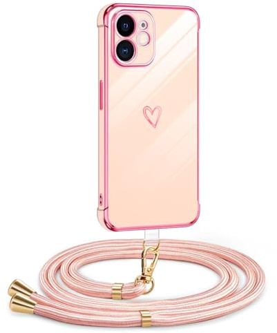 Mkej Hülle Kompatibel mit iPhone 12 Hülle mit Band, Galvanik Silicone Handyhülle mit Herz Love Design, Abnehmbar und einstellbar Handykette für iPhone 12, Rosa