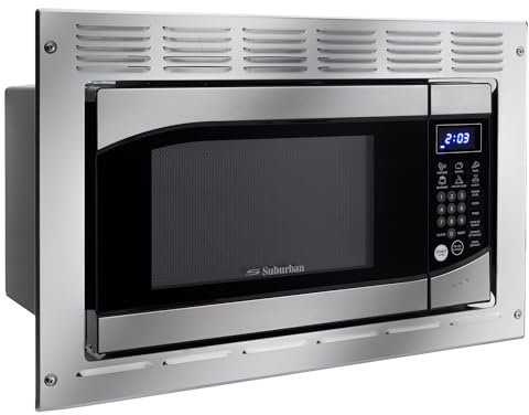 RecPro Suburban RV Built-In Microwave Oven 0.9 Cu. Ft. Stainless Steel with Trim Kit 900W Output | Touchpad Controls, Auto Cook & Quick Start | Compact Microwave for RVs and Campers