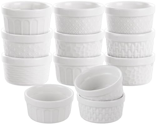 YOUNTHYE 12PCS Ramekins, 6OZ White Ramekins Set Embossed with Textured Design, Porcelain Souffle Dish, Ramekin Dishes for Souffle, Pudding, Cakes, Ice Cream and Sauce