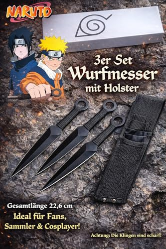 Thommys Things Wurfmesser Set 3-teilig, Kunai Stil, Schwarz, mit Nylon Holster, für Sammler, LARP, Wurfsport, Anime Naruto Sasuke Japan Fans