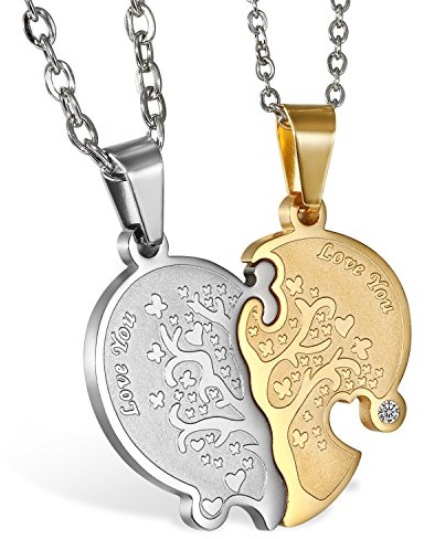 JewelryWe Schmuck 2 Freundschaftsketten mit kostenloser Gravur, Edelstahl Herz Partner-Anhänger Halskette mit Gravur Love You Baum des Lebens, Paar Anhänger Kette für Damen Herren