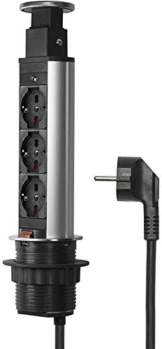Elbe Inno® Presa da tavolo a scomparsa per il piano di lavoro (3 prese), presa multipla per cucina e ufficio, striscia di prese in alluminio in grigio-nero EL1053S-IT