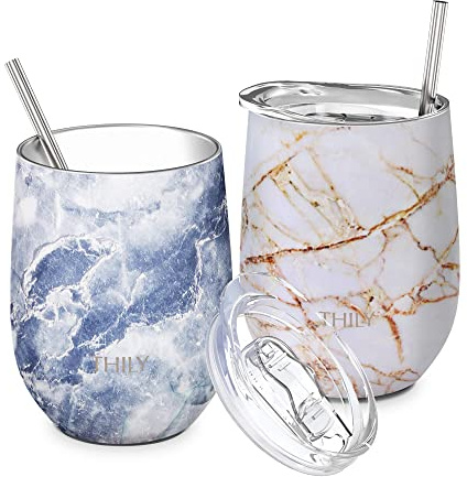 THILY Stainless Steel Insulated Wine Tumblers 350 ml Cute Travel Stemless Glasses with Sliding Lids and Metal Straws, Keep Hot or Cold for Wine, Coffee, Juice, 2 Pack(Gold Marble + Blue Marble)