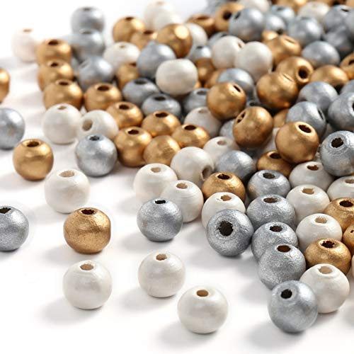 DAHI holzperlen ca.750 pcs perlen mit Loch Gold Silber weiß | bastelnperlen für DIY Schmuck Herstellung 3 Farben (8mm)