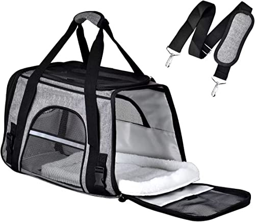Queta Sac Transport Chat Caisse de Transport Chat Chien Petit Voyage avec Matelas en Peluche Bol Pliable Gris