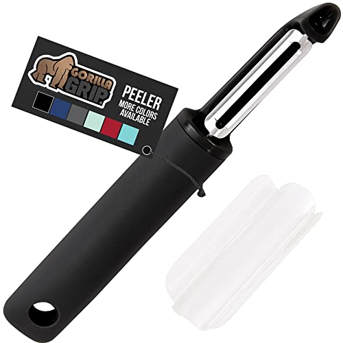 GORILLA GRIP Patented BPA-Free Sharp Stainless Steel Swivel Vegetable Peeler, Comfortable Handle Potato Peelers, Smooth Peeling, Peel Carrots Apple, Includes Blade Cover, Kitchen Tool, Black