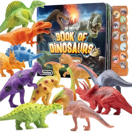 PREXTEX Dinosaur Toys for Kids 3-5 - 12 Dinosaur Figurines and Dino Book for Kids with Sound - Realistic Dinosaur Figures - Dino Toys with Sound for Learning and Fun Play - Easter Gift for Children