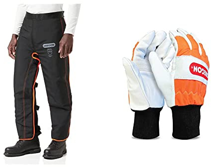 OREGON Universal Type A Chainsaw Safety Leggings, Adjustable Protective Chaps Trousers - Front Protection Only (575780) & 91305XL Chainsaw Protective Gloves for Left Hand Protection