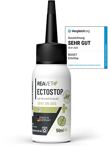ReaVET EctoStop Spot On Hund 50ml - Flohmittel Hund & Zeckenmittel mit Neemöl Extrakt - Effektiv gegen Ektoparasiten, Zecken, Flöhen, Milben