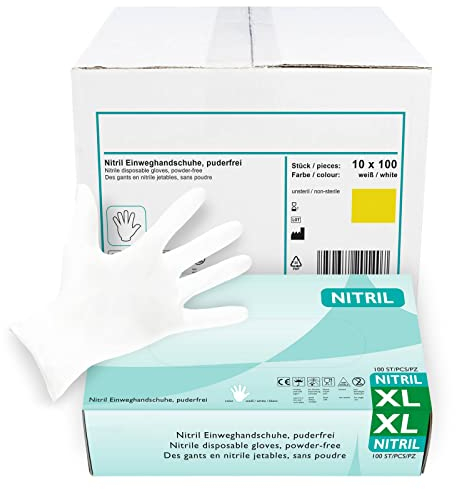 Nitrilhandschuhe 1.000 Stück,weiß in XL I Puderfreie Einmalhandschuhe I Geeignet für Lebensmittelbereich, Kosmetik & als medizinische Untersuchungshandschuhe I Robuste Einweghandschuhe