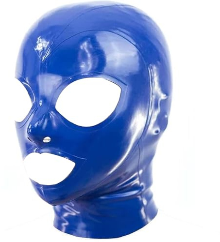 MFMYEE Bondage-Latexmaske, BDSM-Maske, Fetisch-Kopfbedeckung, Latex-Cosplay, Reißverschluss hinten, Gesichtsmaske mit offenen Augen und Mund (Blau)