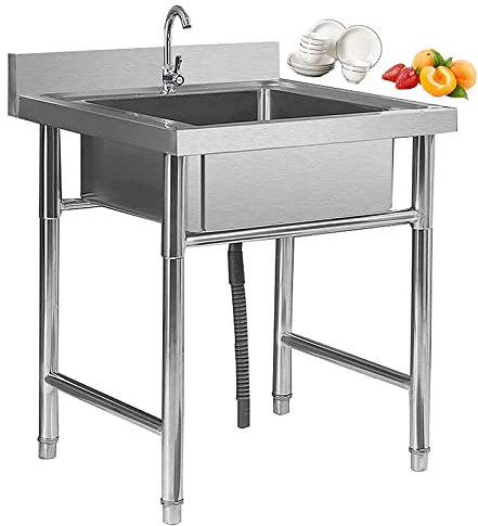 ZWLI Lavello Mobile in Acciaio Inox con Supporto Vasca Singola lavandino da Esterno Cucina Lavamani lavello in Acciaio Inox con Mobile Commerciale in Acciaio Inossidabile Non Magnetico 50,60cm