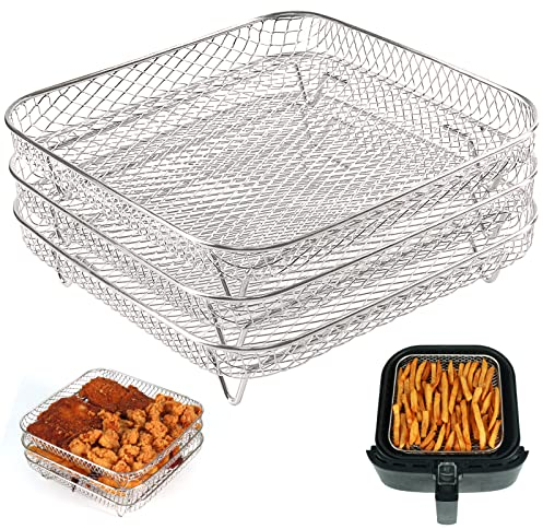 BYKITCHEN Air Fryer Racks, Square Three Layers with 4 Feet Stacking 304 Rack, Air Fryer Basket Tray, Air Fryer Accessories, Grilling Rack for Ninja Speedi 5.7L, Instant, Cosori Air Fryer