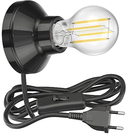 ledscom.de Douille de lampe en porcelaine Elektra, fiche, interrupteur, noir + lampe LED 1005lm, Smart Home, blanc chaud - blanc froid