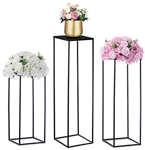 Nuptio Black Vase for Wedding Centrepieces: 3 Pcs Tall Plant Stand Flower Vases Large Metal Display Table Column Rack Geometric Centre Pieces for Home Birthday Party Decorations(23.6/31.5/39.4in)
