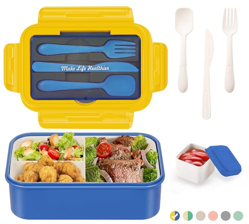 LUZOON Lunchbox Bento Box Brotdose Erwachsene 1400ml mit 3 FäChern für Kinder inkl. Besteck Jausenbox für Mikrowellen Und SpüLmaschinen, Schule Arbeit Picknick Reisen (Blau+Saucenbox)