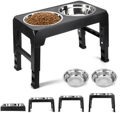 PDTO Raised Dog Bowl Adjustable Stand, 4 Height Elevated with 2 Stainless Steel Food Bowls for Small Medium Large Dogs, Black
