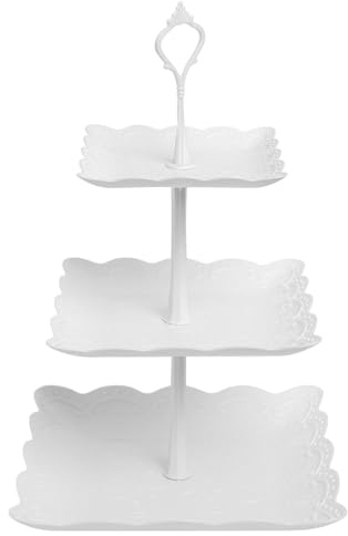 Soporte de exhibición para tartas de 3 niveles, soportes de té blancos de la tarde, vasos cuadrados de plástico, soporte reutilizable para platos de servir alimentos para cumpleaños, bodas