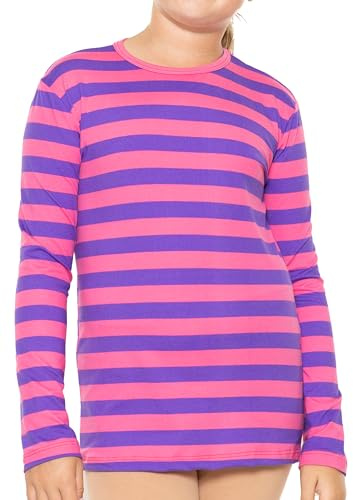 Stretch is Comfort Girls Print Classic Crew Neck Short and Long Sleeves Tee Shirt | Soft Everyday Basic Top | 2T–16, Pink Purple Stripes, 8