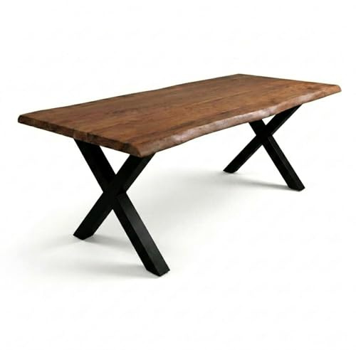 SAM Esstisch Cali 260x100 cm Akazie nussbaum Baumkante X-Gestell schwarz | Baumkantentisch massiv, Akazienholz nussbaumfarben, 50 mm Tischplatte, Esszimmertisch, Industrial-Design
