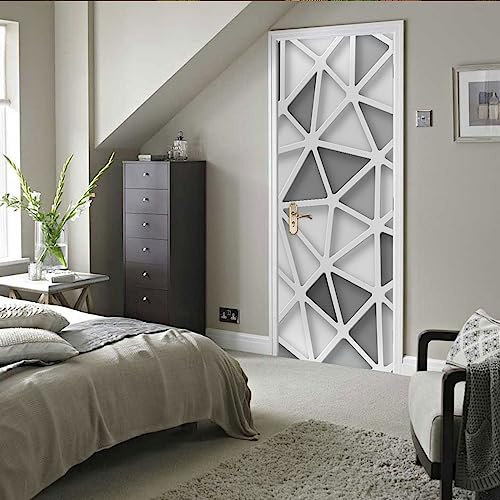 A.Monamour Adesivo Porta Autoadesiva 3D Grigio Bianco Triangoli Modello Sfondo Geometrico Arte Astratta Vinile PVC Adesivi per Porte Interne Pellicola Adesiva Poster Murale Parete 95x215cm