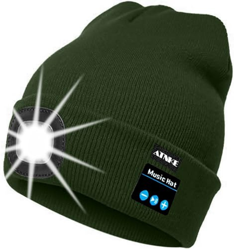 ATNKE Berretto Bluetooth con LED Illuminato, USB Ricaricabile Wireless Musicale Cappello Corsa Ultra Bright 4 LED Impermeabile Lampada per Sci Escursionismo Campeggio Ciclismo/Dark Army Green