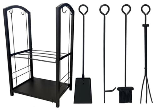 JLXJYS Innen-Außen-Kamin-Werkzeug-Set,.Heavy Duty Kaminholzhalter Aufbewahrungsset mit Schürhaken, Schaufel, Zange, Bürste Schmiedeeisen Brennholz Lagerregal