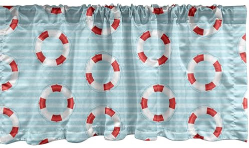 ABAKUHAUS Boje Plattenschürze 2er Pack, Rettungsring Krise Sicherheit Rettungsweste Rettungsschwimmer Schutz Symbole, Vorhang Volant für Dekor mit Stangentasche, 107 cm x 30 cm, Weiß Blau Rot